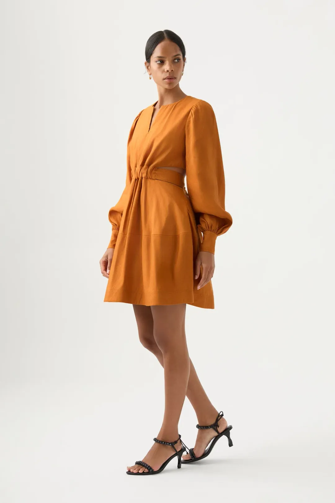 Aje Spectral V-Neck Mini Dress Chestnut Brown Size 10 for rent on The Volte - main image