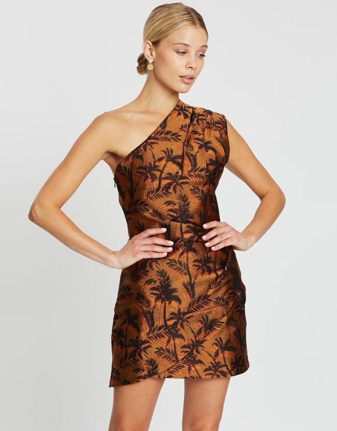 Bec & Bridge Far Out Asymmetrical Mini Dress Brown Print Size AU 10 for rent on The Volte - main image