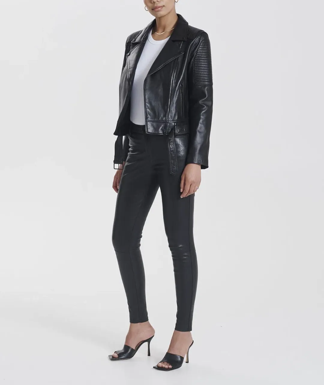 Ena Pelly Classic Leather Biker Jacket in All Black Size AU 12 for rent on The Volte - main image