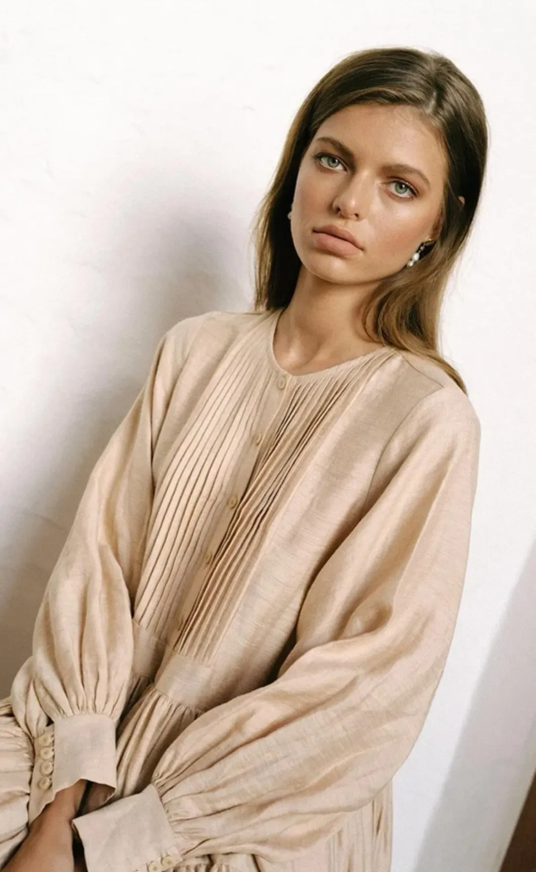 Shona Joy Savoye Linen Tuxedo Shirt Dress Biscuit Size 8 for rent on The Volte - main image