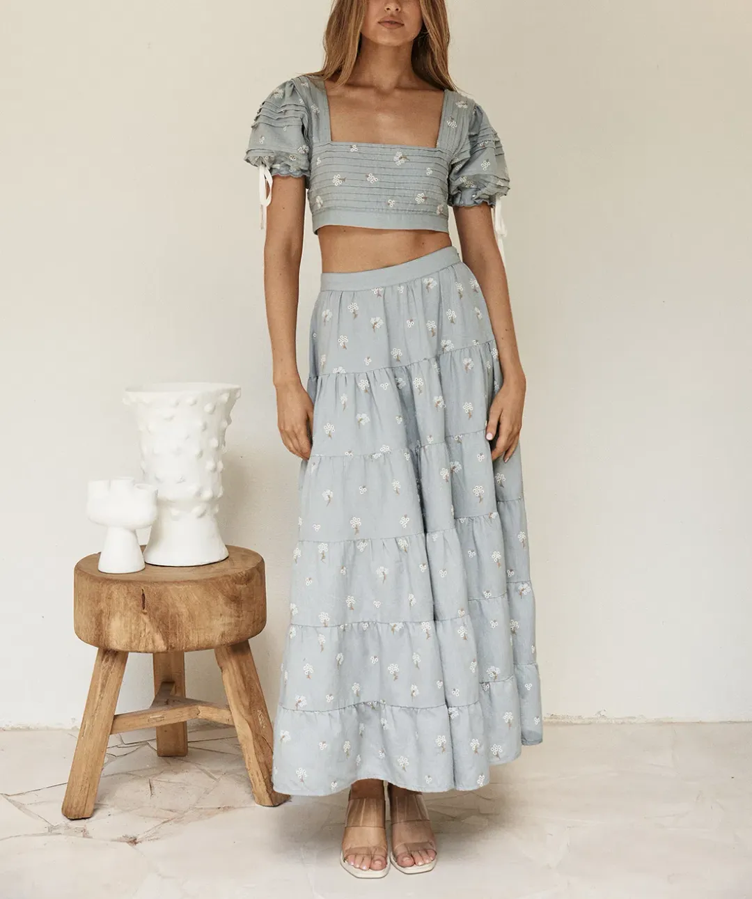 By Odet Fleur Embroidered Crop and Maxi Skirt Set Periwinkle Size M / Au 10 for rent on The Volte - main image