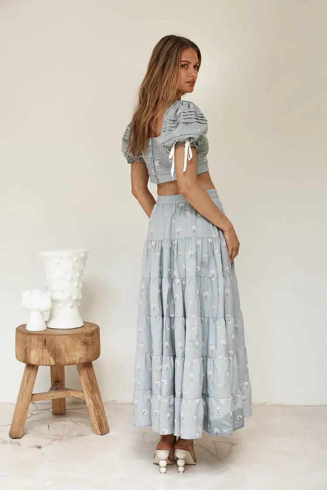 By Odet Fleur Embroidered Crop and Maxi Skirt Set Periwinkle Size M / Au 10 for rent on The Volte - main image
