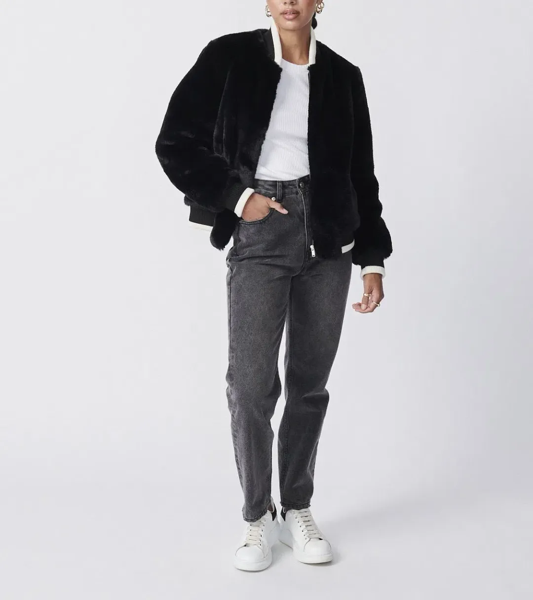Ena Pelly Essential Faux Fur Bomber Jacket in Black Size AU 12 for rent on The Volte - main image