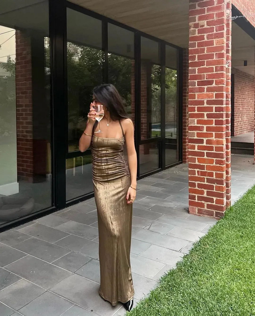 Diesel Metallic Ruched Halterneck Gown Gold Size M / Au 10 for rent on The Volte - main image