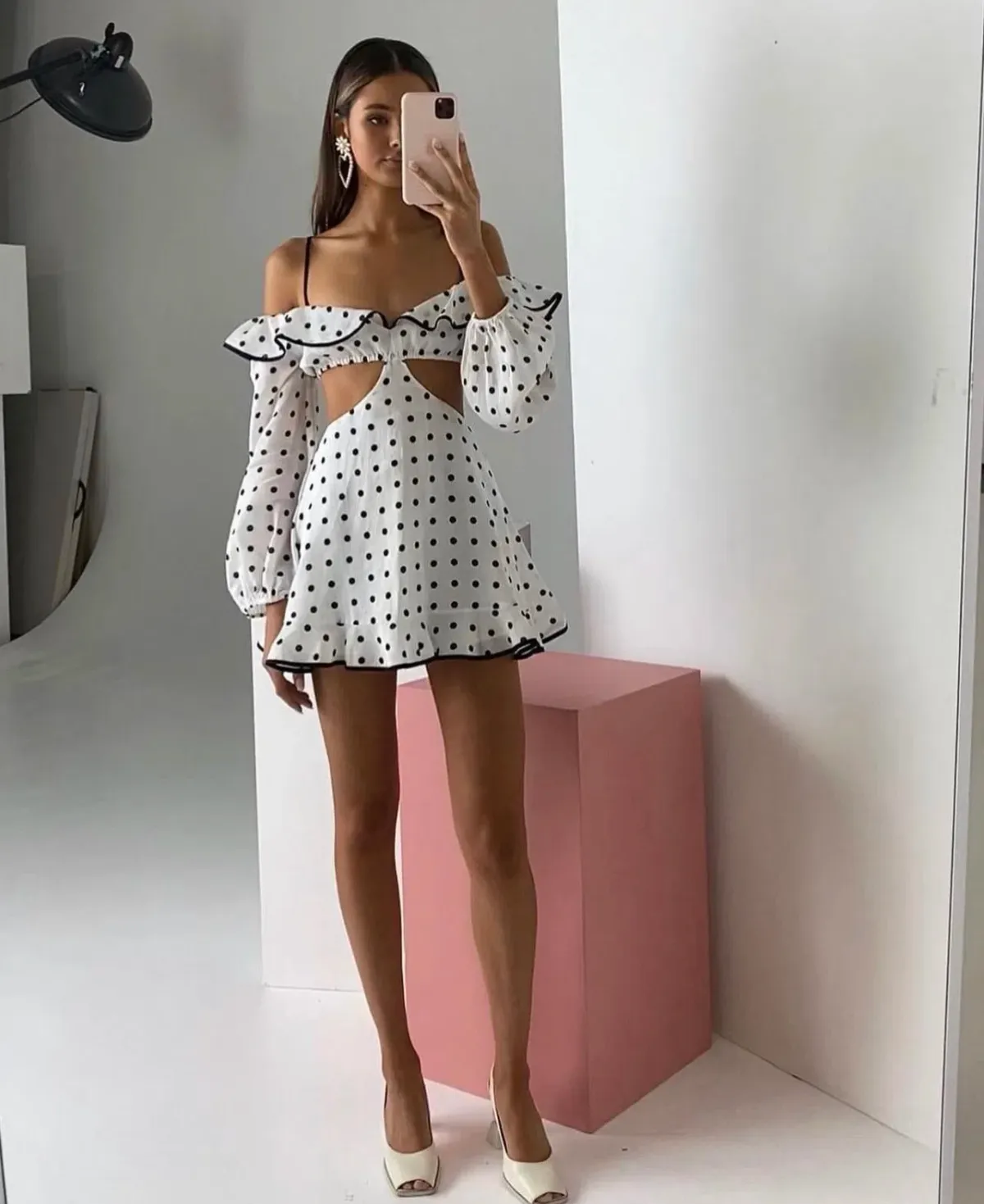 Sofia the Label Maya Cut Out Mini Dress White Polka Size 12 - Image 1