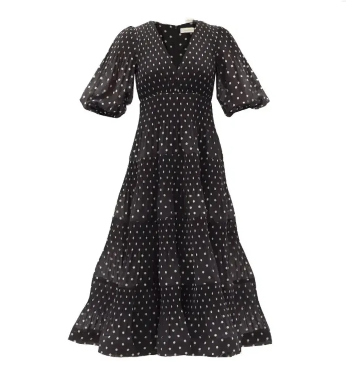 Zimmermann Polka-Dot Voile Puff Sleeve Midi Dress Black and White Size 1 / AU 10 - Image 5