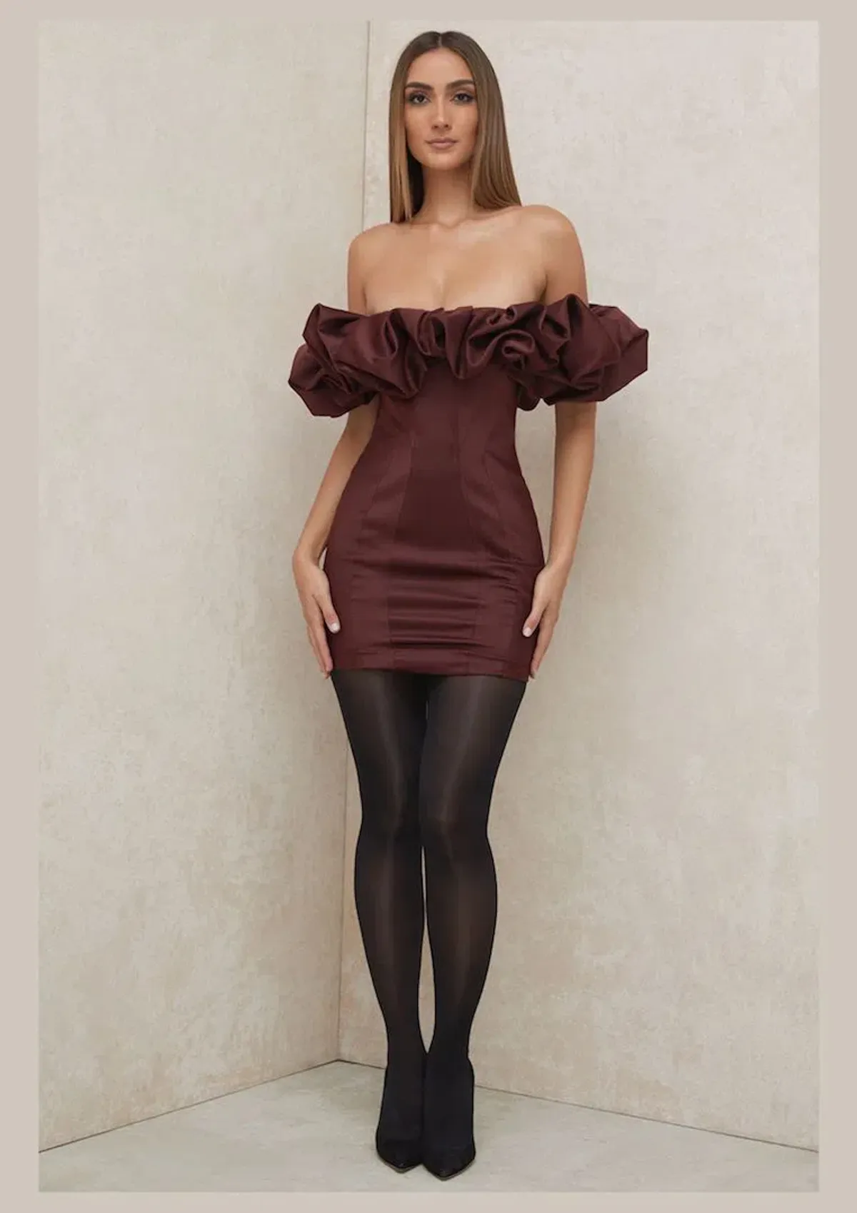 House of CB Selena Satin Ruffle Strapless Mini Dress Brown Size M / Au 10 - Image 2