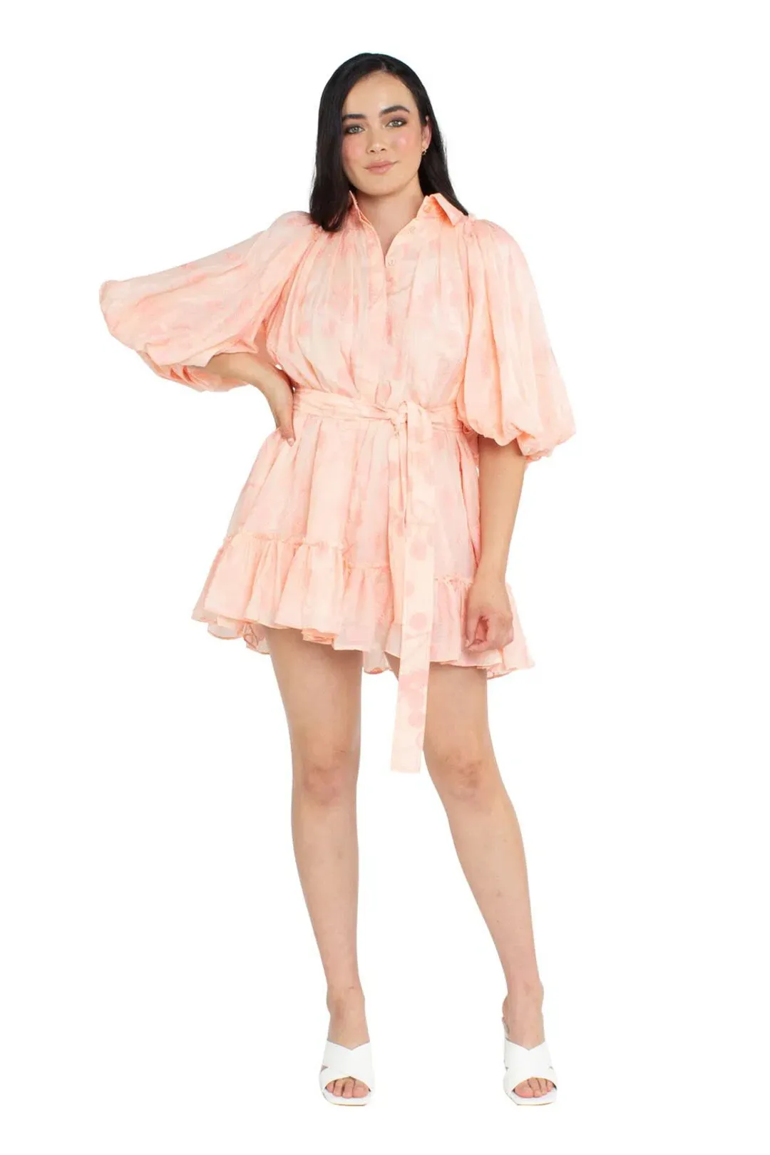 Aje Textural Puff Sleeve Mini Dress Peach Size AU 12 for rent on The Volte - main image