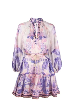 Zimmermann Lyre Billow Mini Dress in Purple Palm Print Size 0 / Au 8 for rent on The Volte - image 2