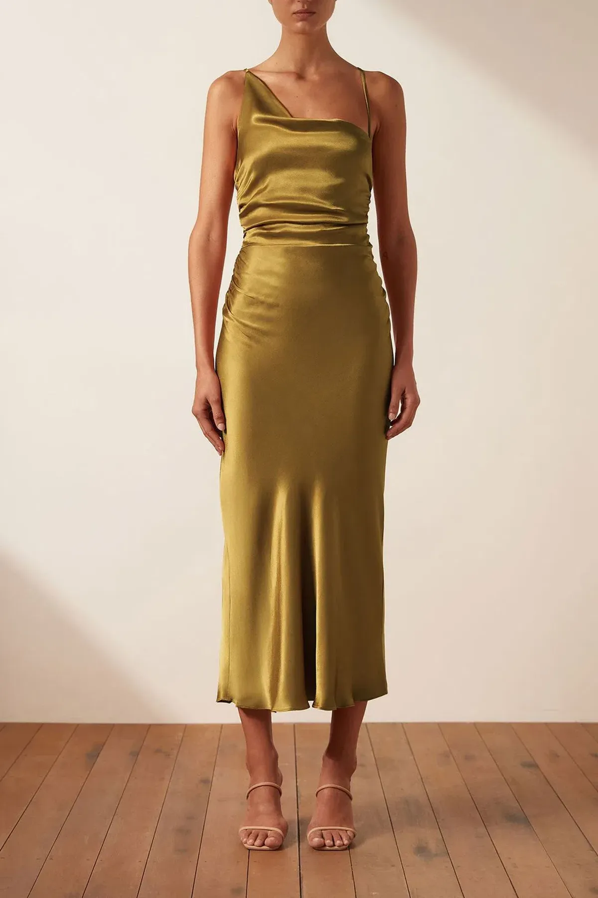 Shona Joy Giorgia Asymmetrical Midi Dress Olive Oil Size 8 - Image 2