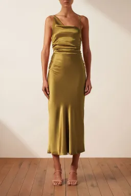 Shona Joy Giorgia Asymmetrical Midi Dress Olive Oil Size 8 for rent on The Volte - image 2