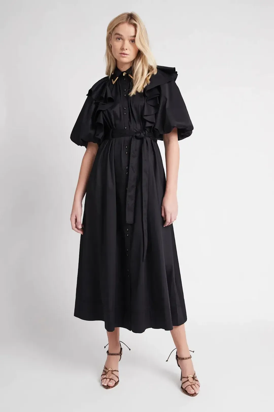AJE Poised Frill Sleeve Midi Dress Black Size 10 for rent on The Volte - main image