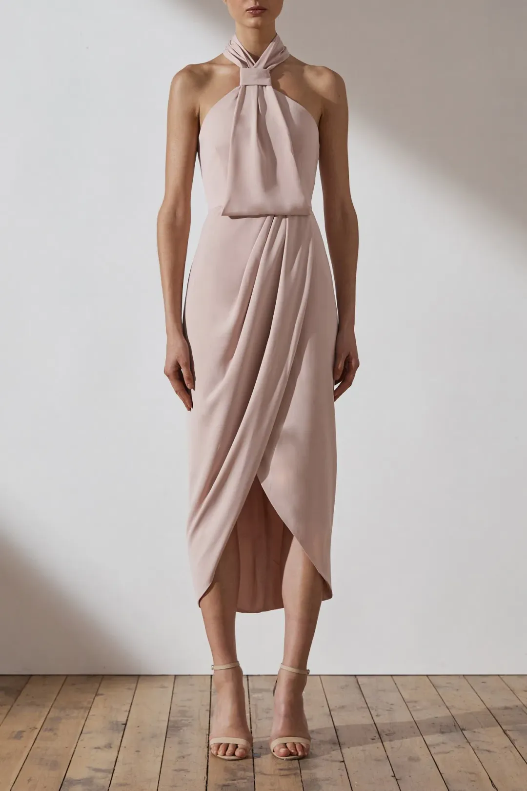 Shona Joy Amanda Core Knot Draped Midi Dress Nude Size 10 for rent on The Volte - main image