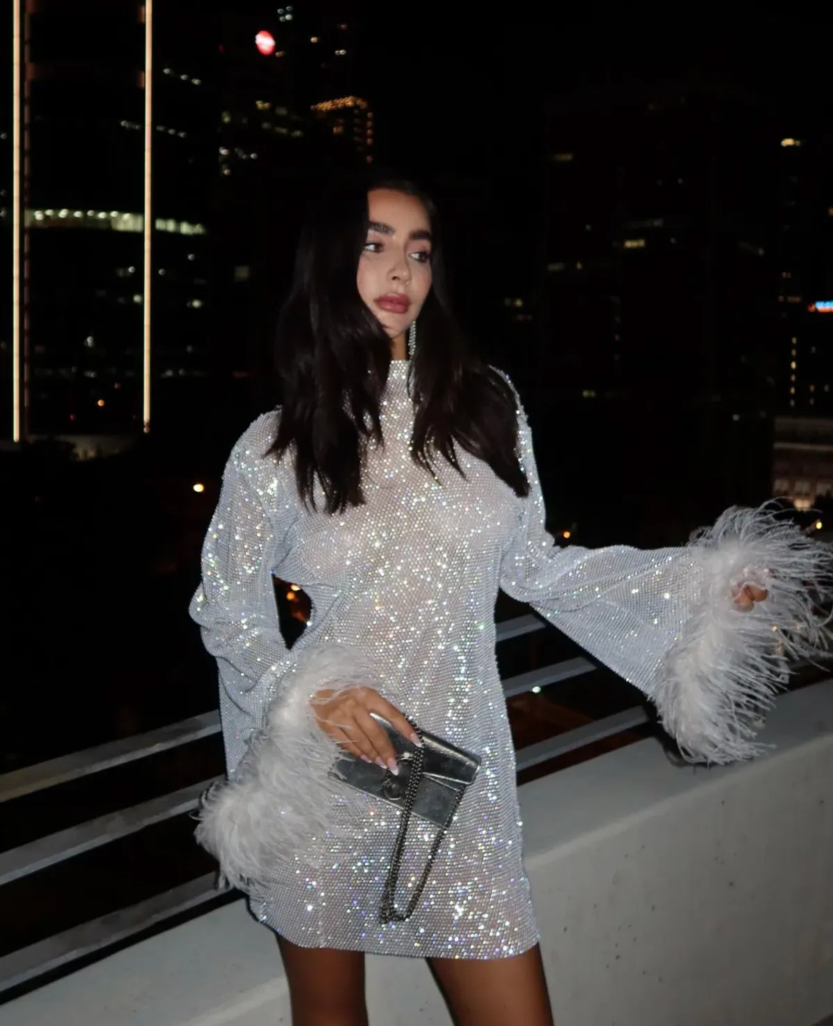 Heiress Beverly Hills Crystal Embellished Feather Trim Mini Dress White Size 8 - Image 3