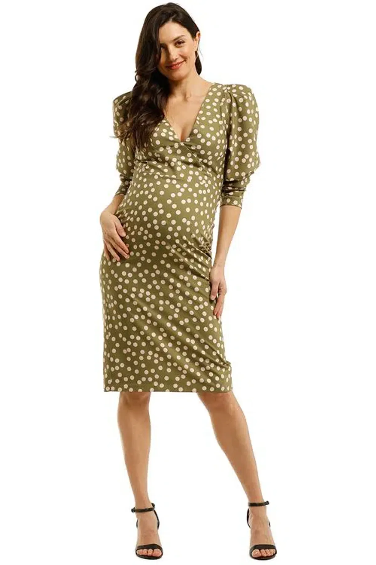 By Johnny Peach Polka V Plunge Midi Dress Olive Peach Size 8 for rent on The Volte - main image