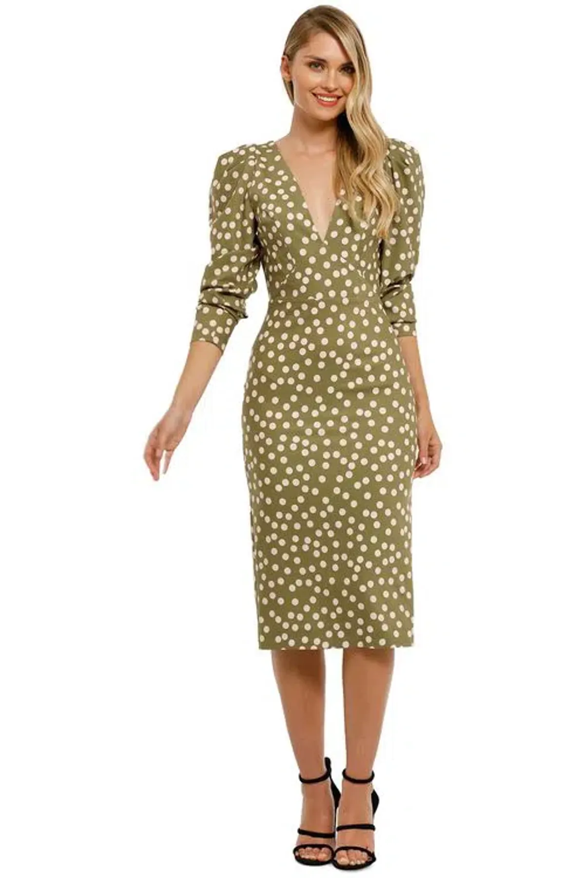 By Johnny Peach Polka V Plunge Midi Dress Olive Peach Size 8 - Image 2