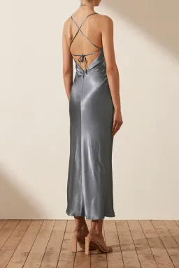 Shona Joy La Lune Asymmetrical Bias Cowl Midi Dress Blue Smoke Size 10 for rent on The Volte - image 2