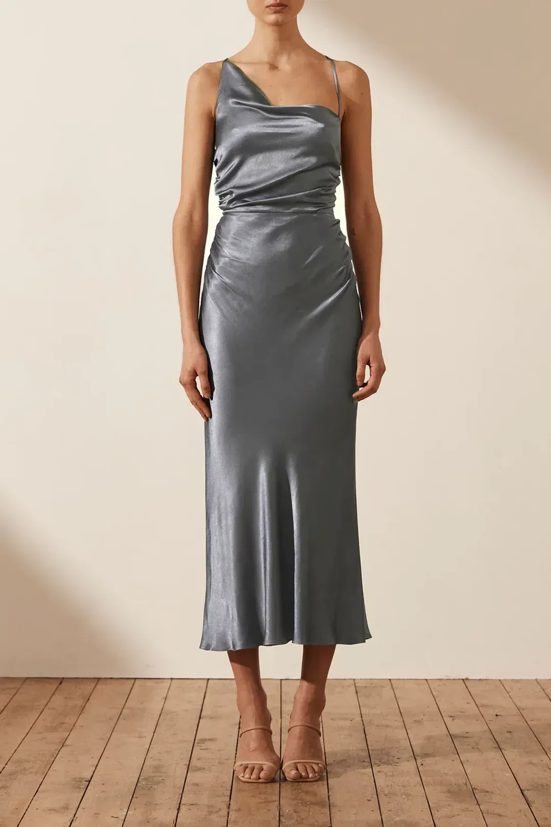 Shona Joy La Lune Asymmetrical Bias Cowl Midi Dress Blue Smoke Size 10 for rent on The Volte - main image
