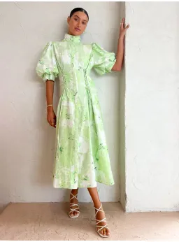 Leo Lin Anneke Drawstring Midi Dress Jasmine Print in Sage Size AU 12 for rent on The Volte - image 1