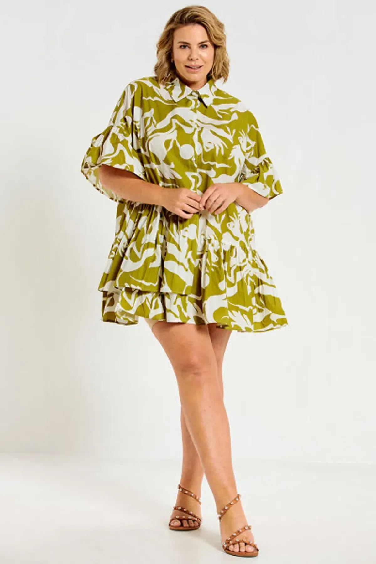 Bohemian Traders Genoa Mini Dress Green Palm Print Size 18 - Image 2