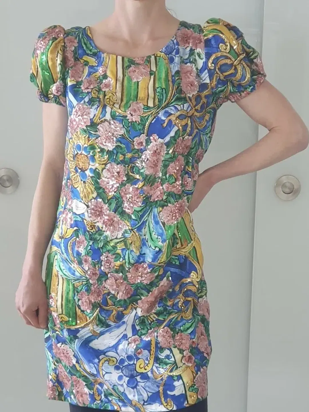 Dolce and Gabbana Printed Silk Dress with Embroidered Applique Floral Size 44 / AU 12 for rent on The Volte - main image