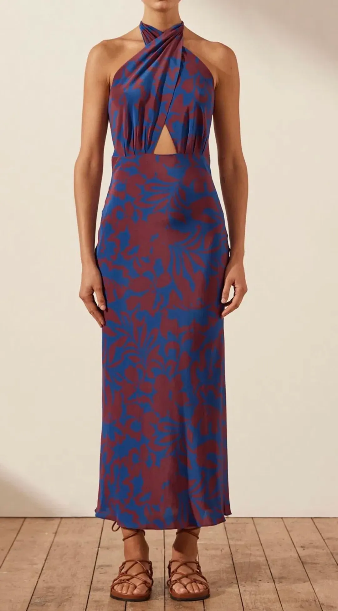 Shona Joy Vida Silk Cross Front Halter Bias Midi Dress Strong Blue Deep Wine Size AU 6 for rent on The Volte - main image