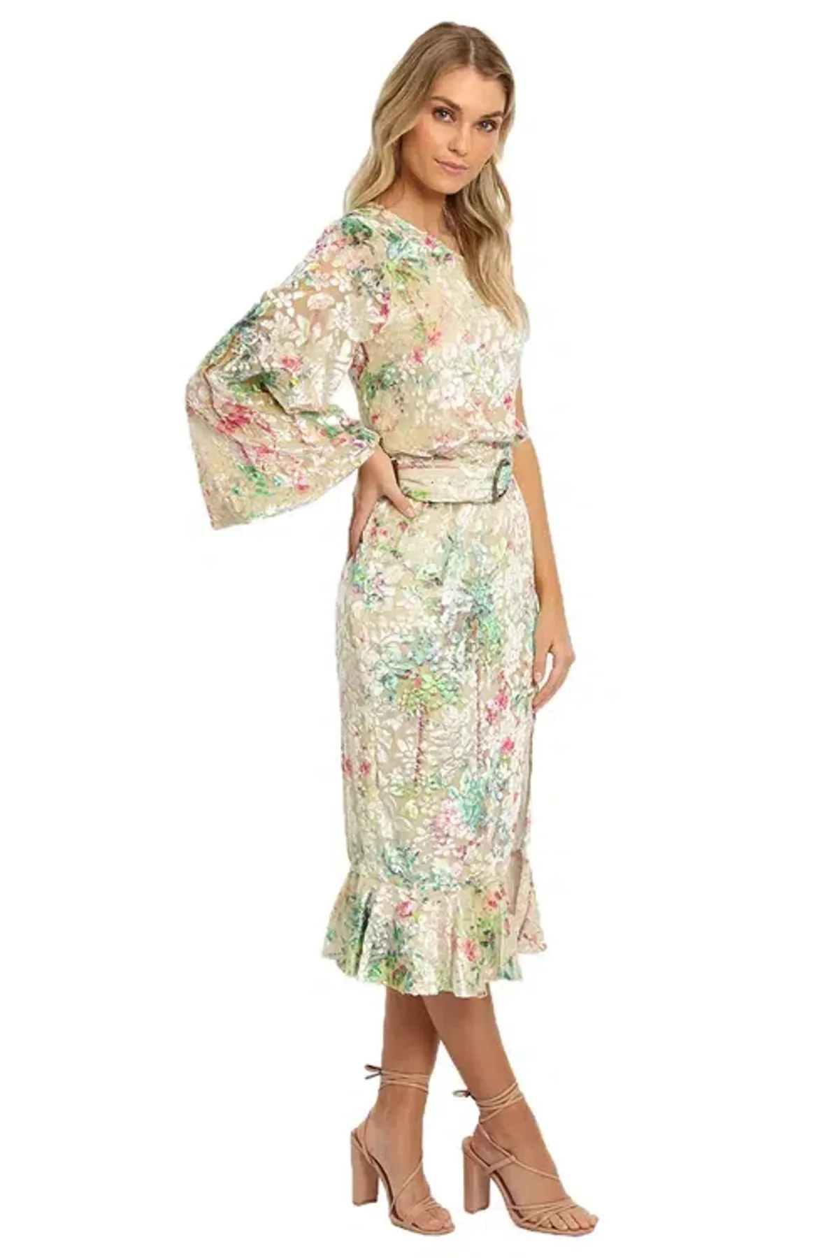 Hemant & Nandita Zaina Midi Dress Cream Multi Print Size AU 10 - Image 2