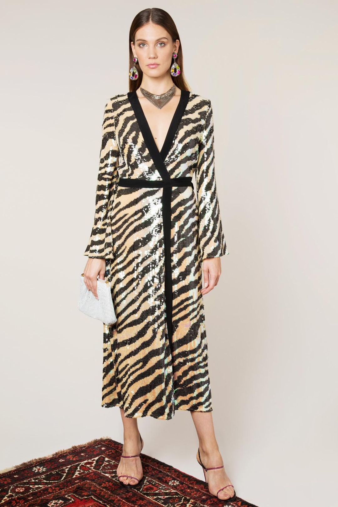 Rixo London Gigi Tiger Sequin Dress Midi Size 12 for rent on The Volte - main image