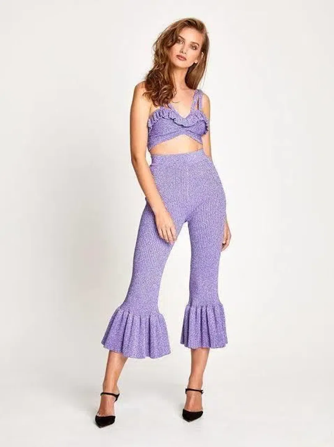 Alice Alice McCall Love Letters Crop Top and Flared Pants Set Purple Sparkle Metallic Size 8 for rent on The Volte - main image