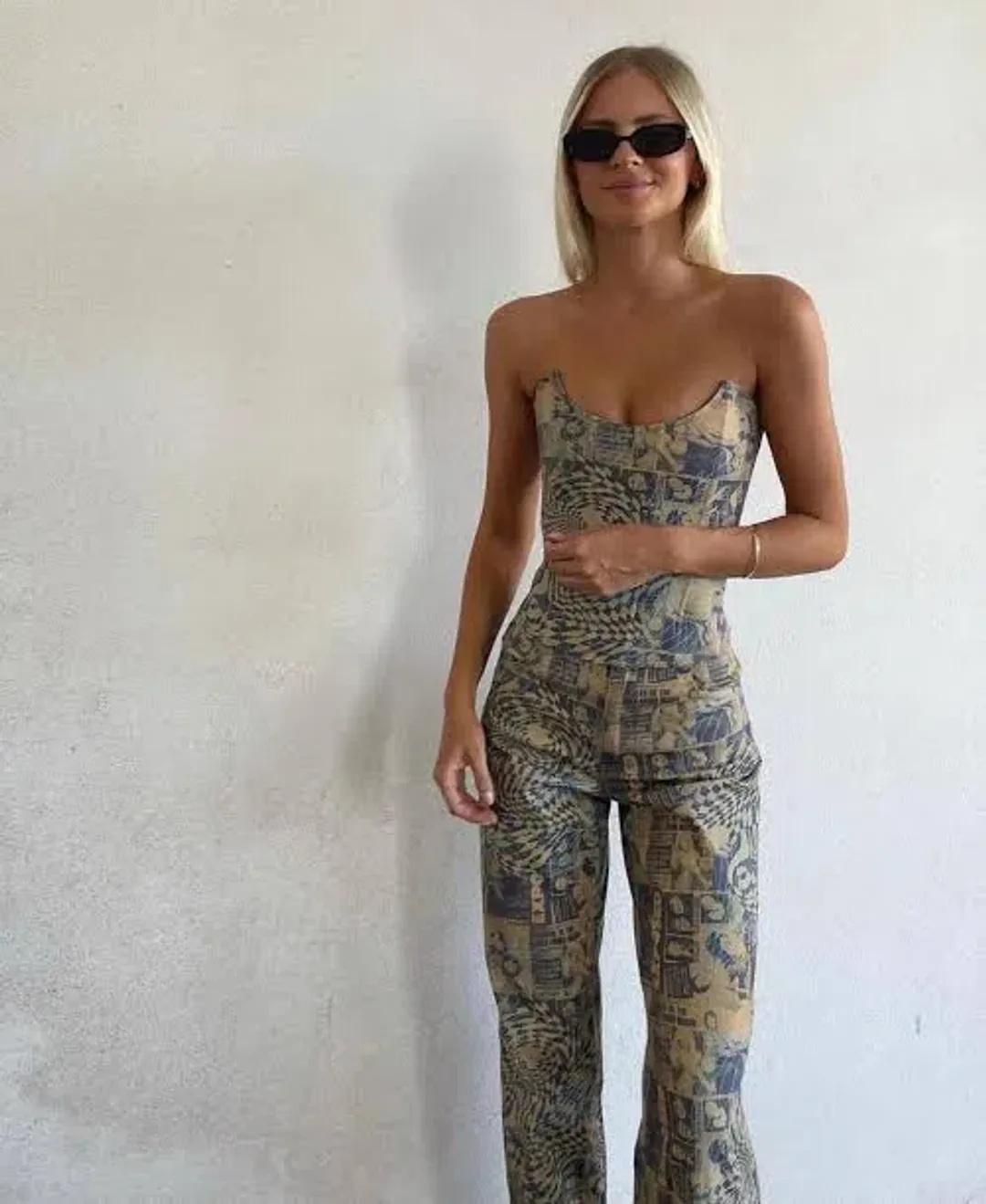 Miaou Leia Corset and Fargo Pants Set Wanted Print Size XS Top Size S Pants for rent on The Volte - main image