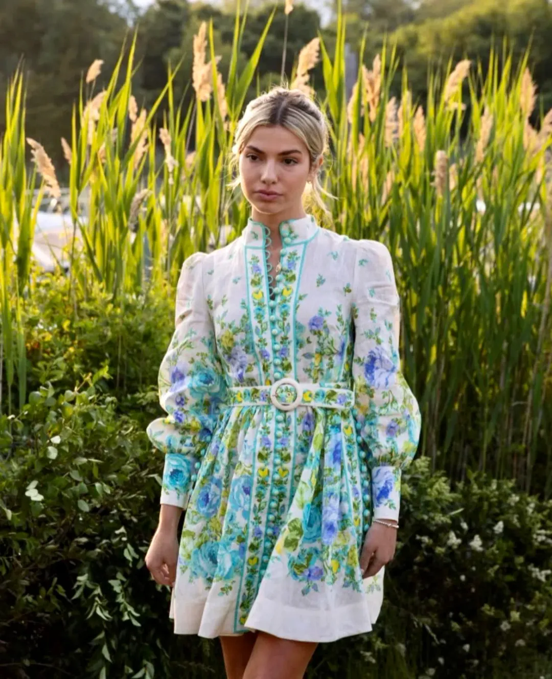 Zimmermann The Raie Buttoned Mini Dress in Teal / Blue Floral Size 1 / AU 10 for rent on The Volte - main image