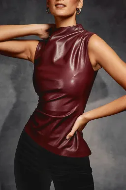 House of CB Allegra Wine Vegan Leather Asymmetric Top Red Size L / AU 12 for rent on The Volte - image 3