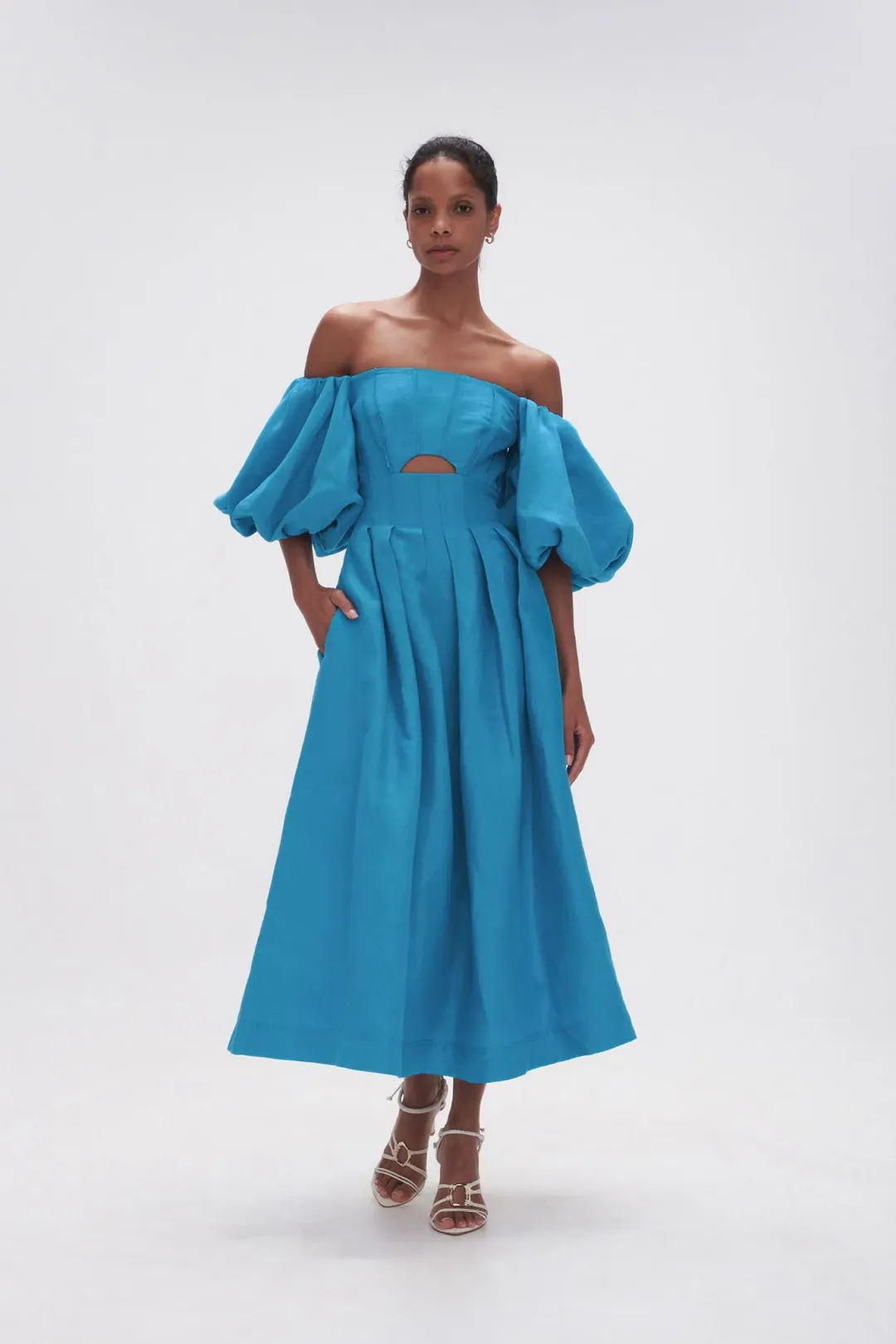 Aje Eugenie Off Shoulder Midi Dress Azure Blue Size AU 8 for rent on The Volte - main image