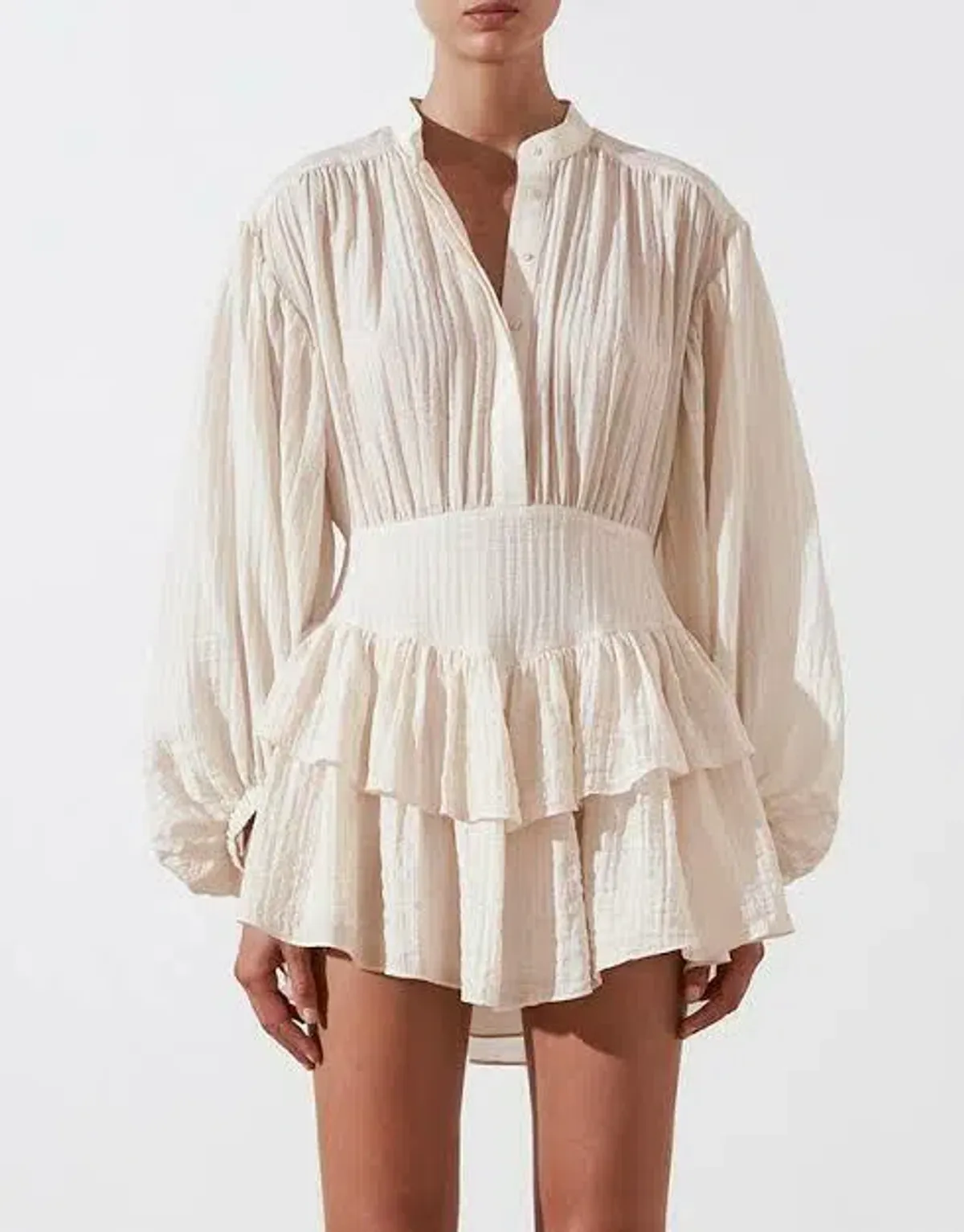 Shona Joy Mila Button Up Frill Mini Dress Beige/Tofu Size AU 16 - Image 2