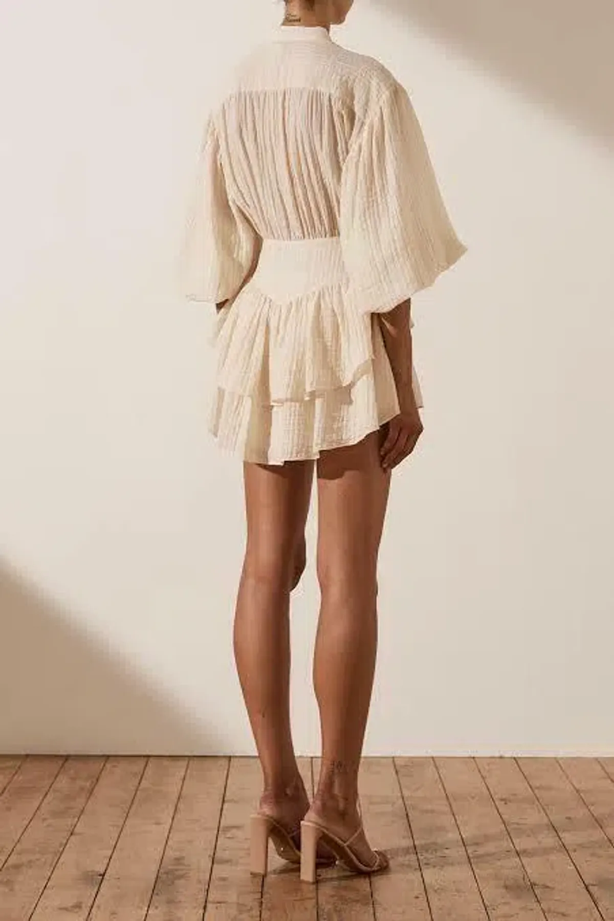 Shona Joy Mila Button Up Frill Mini Dress Beige/Tofu Size AU 16 - Image 3