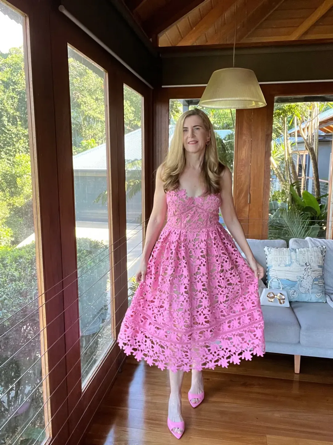 Self-Portrait Azalea Lace Midi Dress Pink Size AU 12 for rent on The Volte - main image