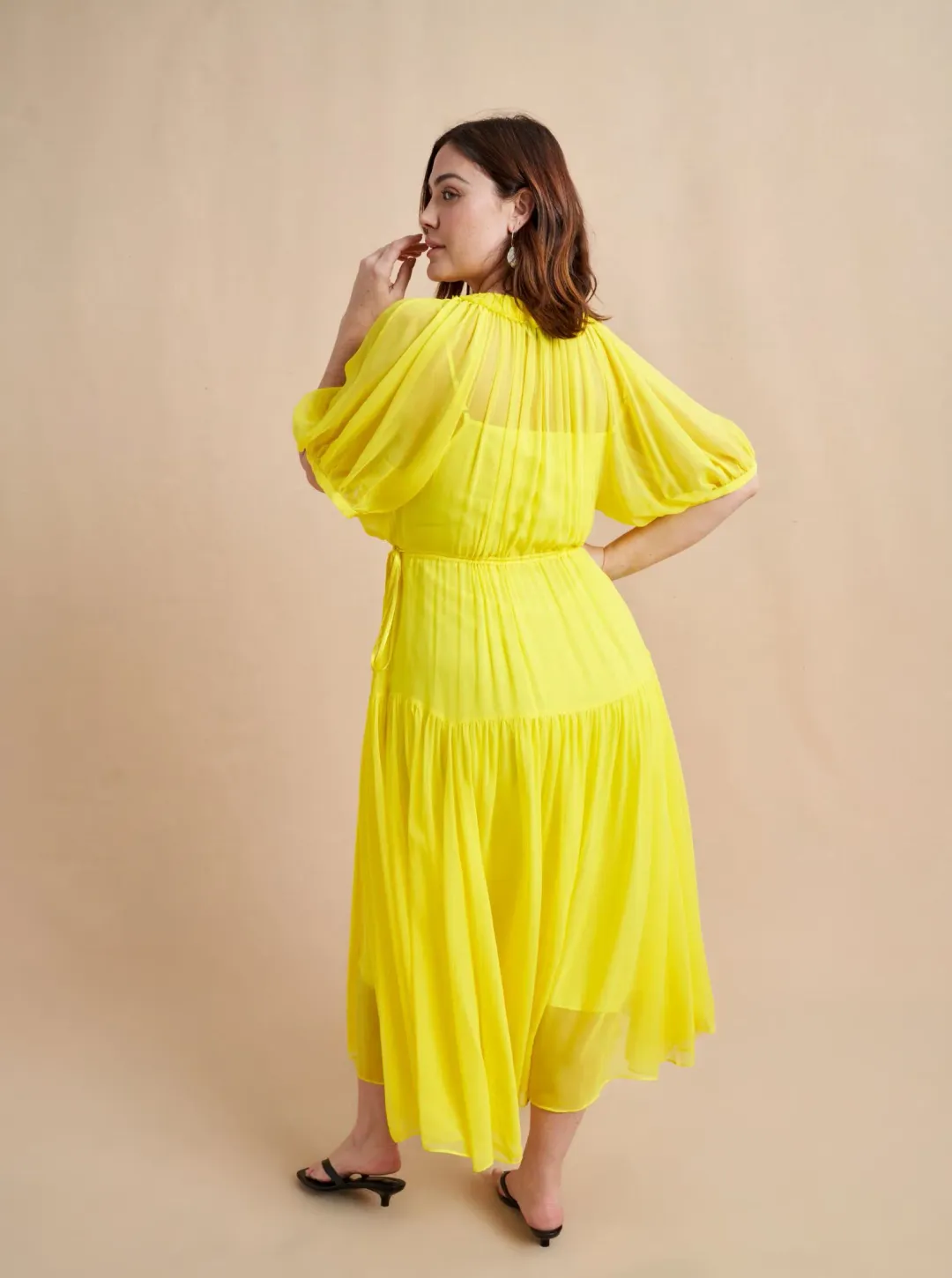 La Ligne Constance Shirred Silk-Chiffon Midi Dress Yellow Size 12 for rent on The Volte - main image