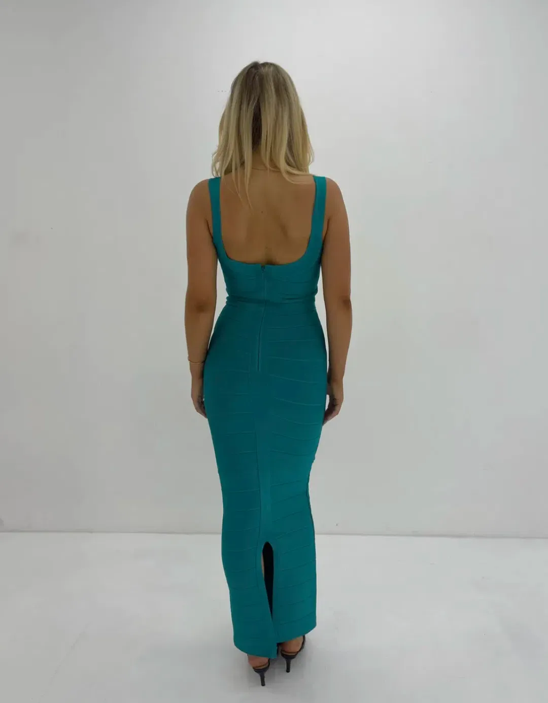 Herve Leger Round Neck Gown Turquoise Size 8 for rent on The Volte - main image
