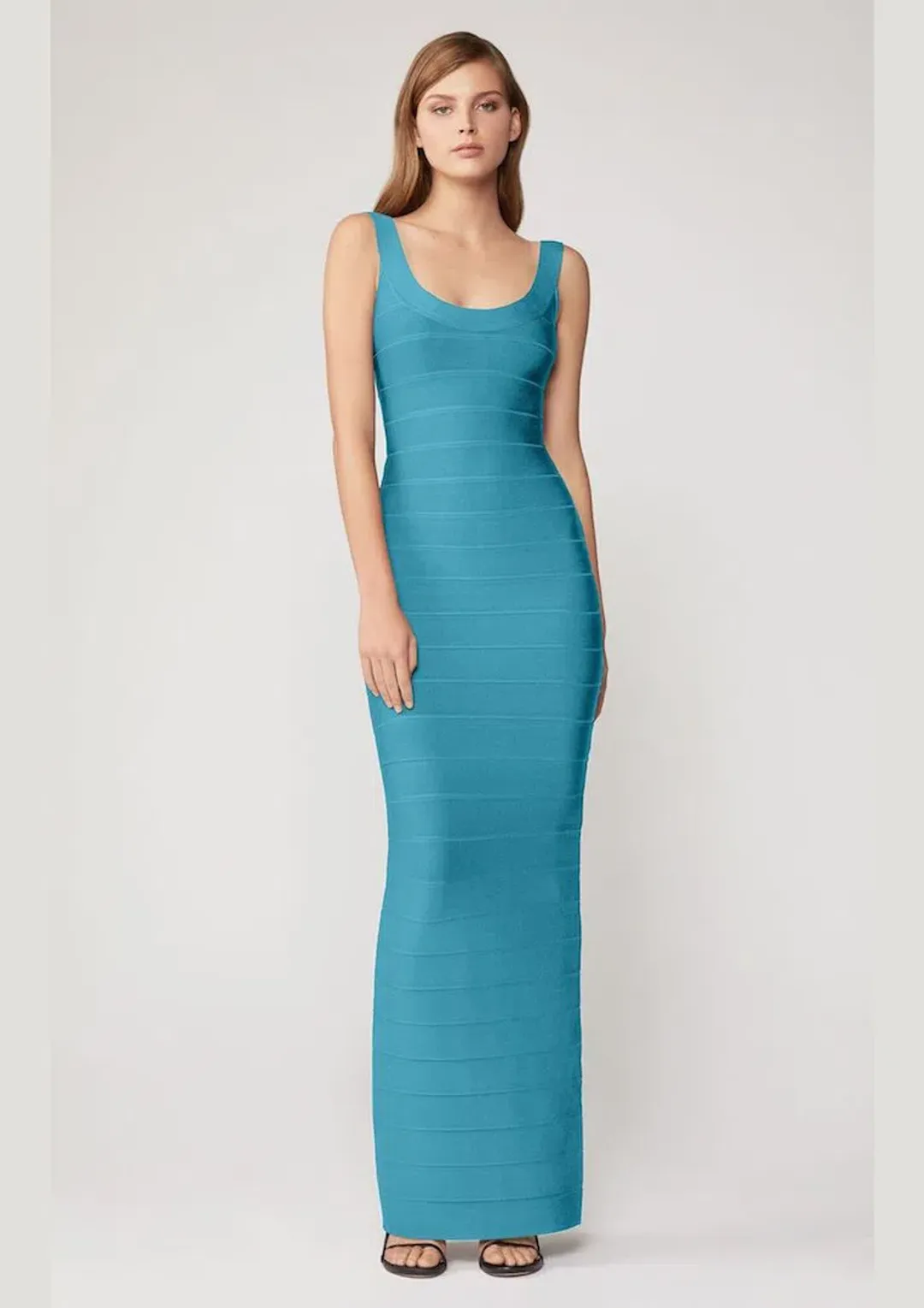 Herve Leger Round Neck Gown Turquoise Size 8 for rent on The Volte - main image