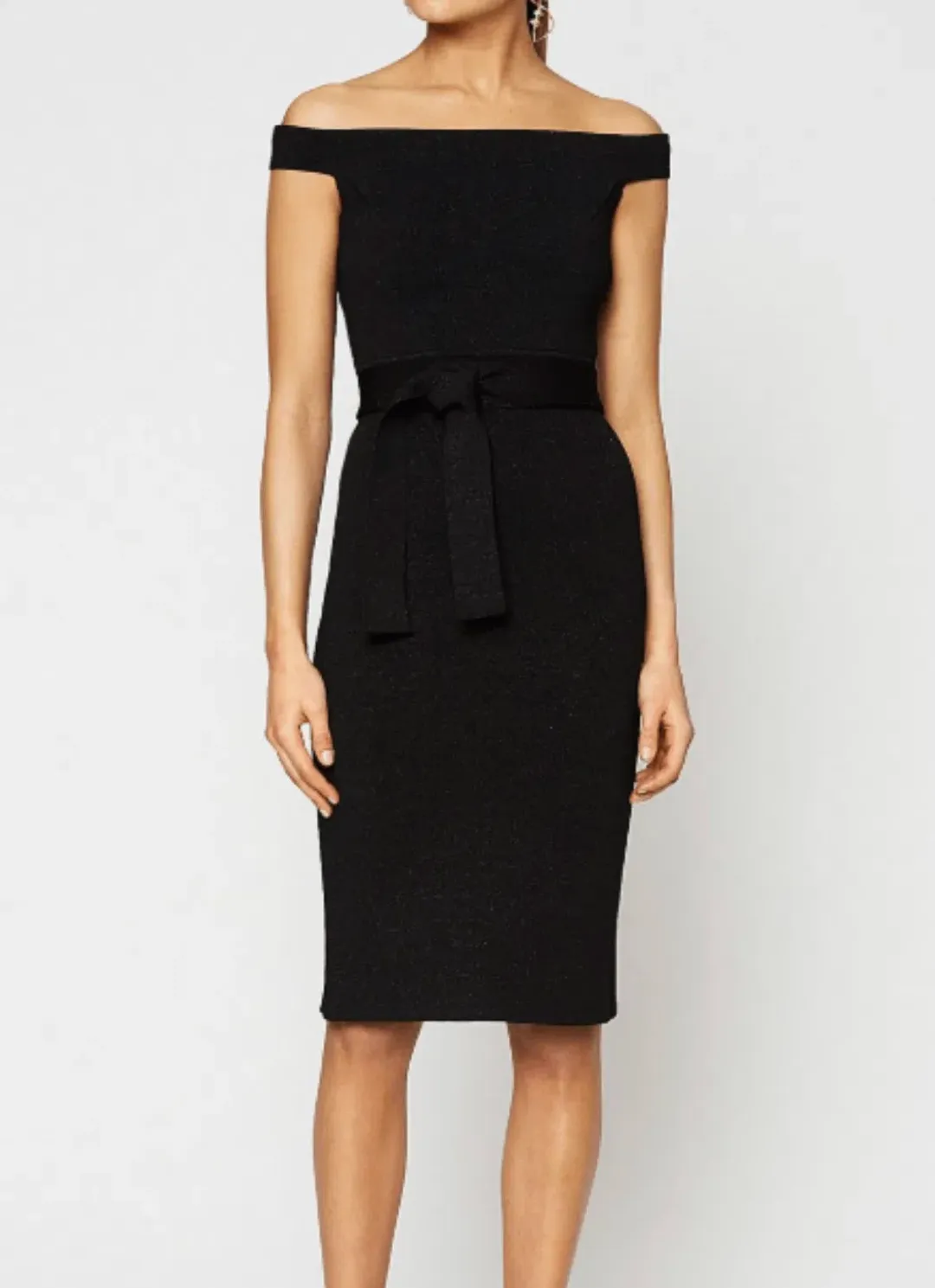 Scanlan Theodore Off Shoulder Crepe Knit Tinsel Dress Black in Size M/AU 10 for rent on The Volte - main image