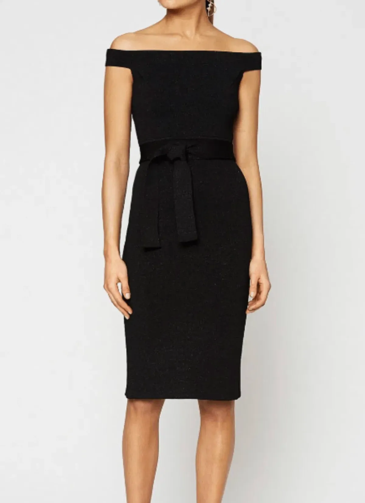 Scanlan Theodore Off Shoulder Crepe Knit Tinsel Dress Black in Size M/AU 10 for rent on The Volte - main image