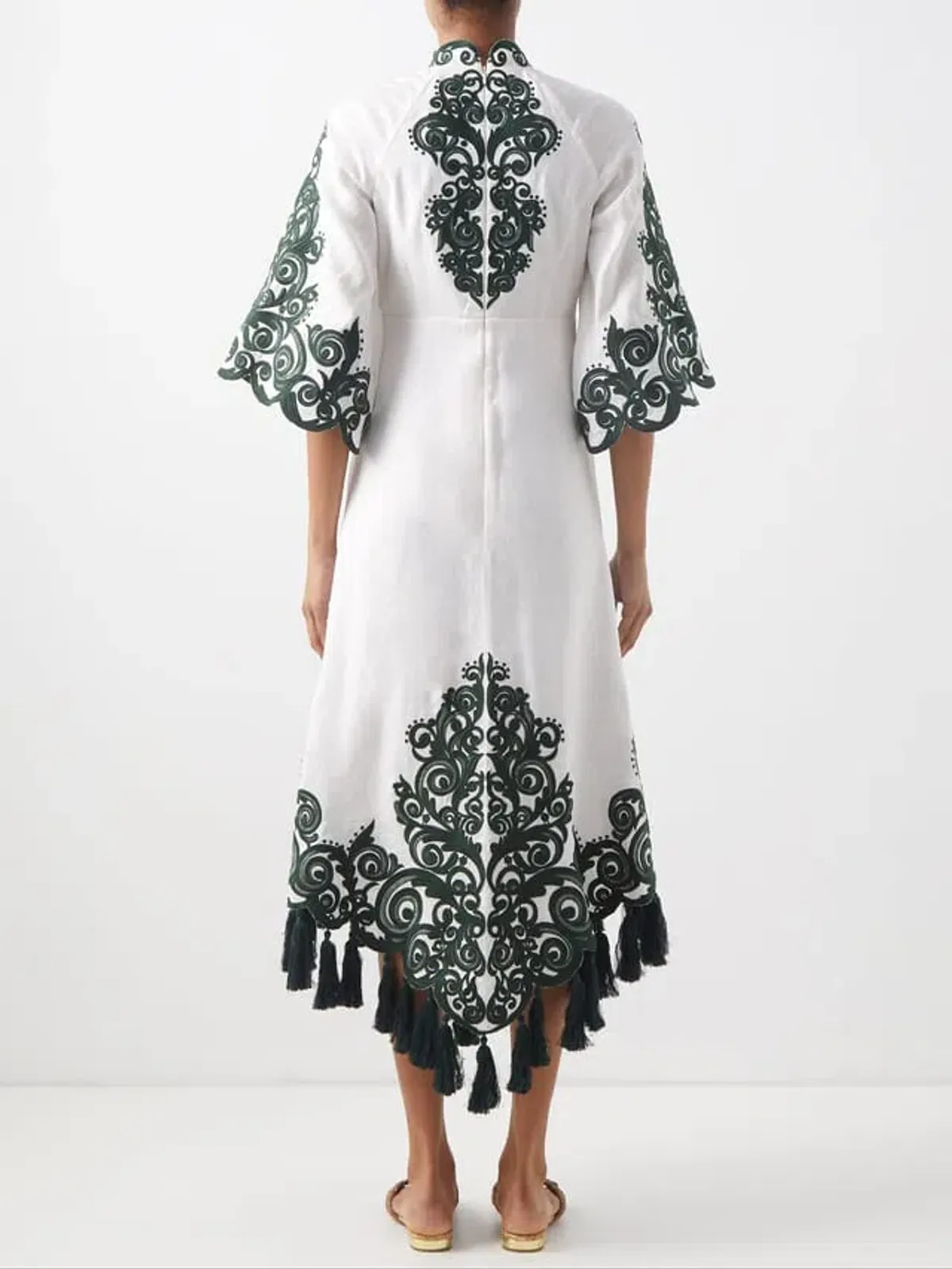 Zimmermann Anneke Tassel-Trimmed Embroidered Linen Dress Ivory/Green Size 0 / Au 8 - Image 2
