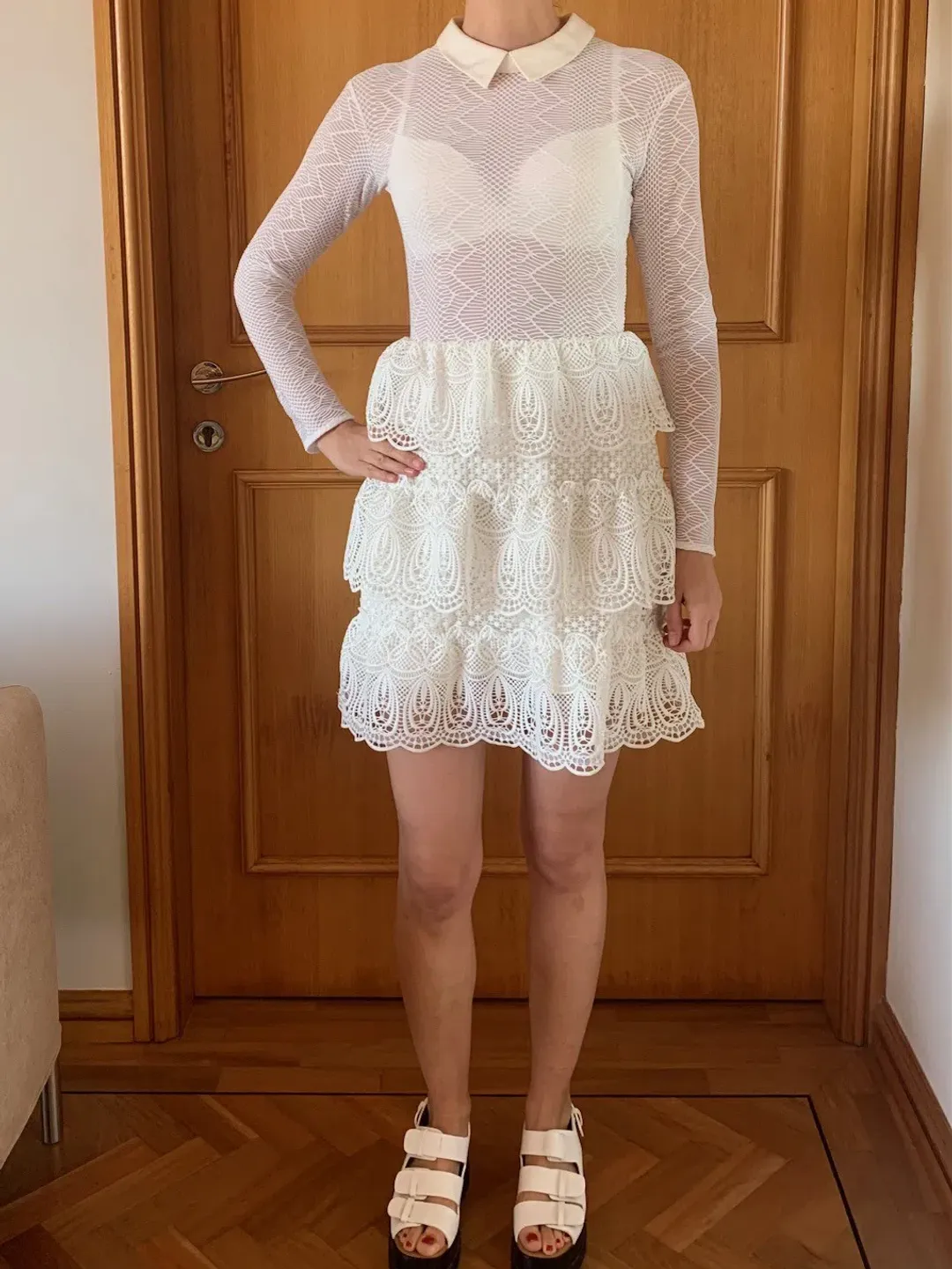 Self-Portrait Long-Sleeve Tiered Scalloped Lace Dress White Size AU 12 for rent on The Volte - main image