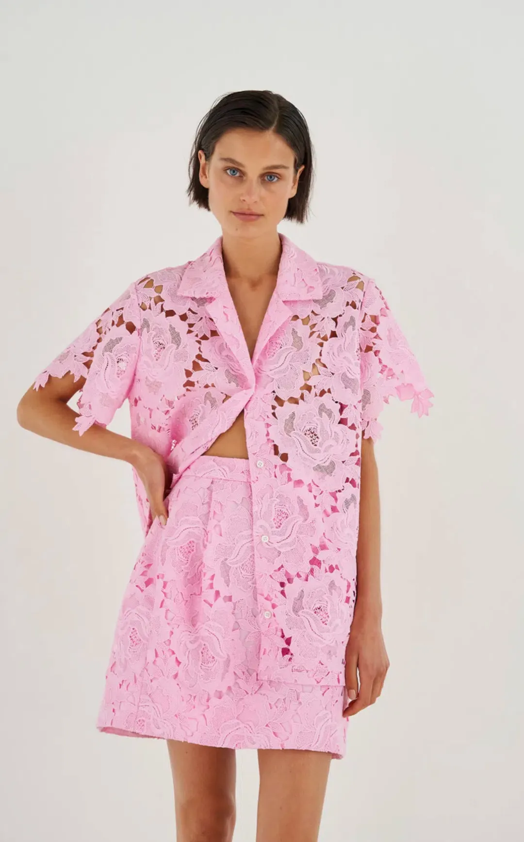 Oroton Lace Camp Shirt in Foxglove Pink in Size AU 8 for rent on The Volte - main image