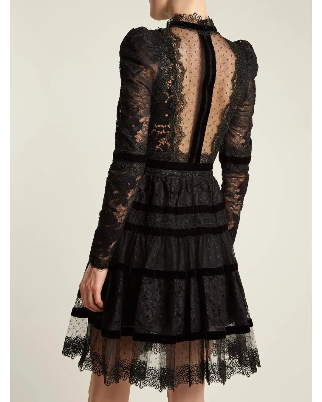 Elie Saab Velvet Trimmed Lace Mini Dress Black Size 6 for rent on The Volte - main image