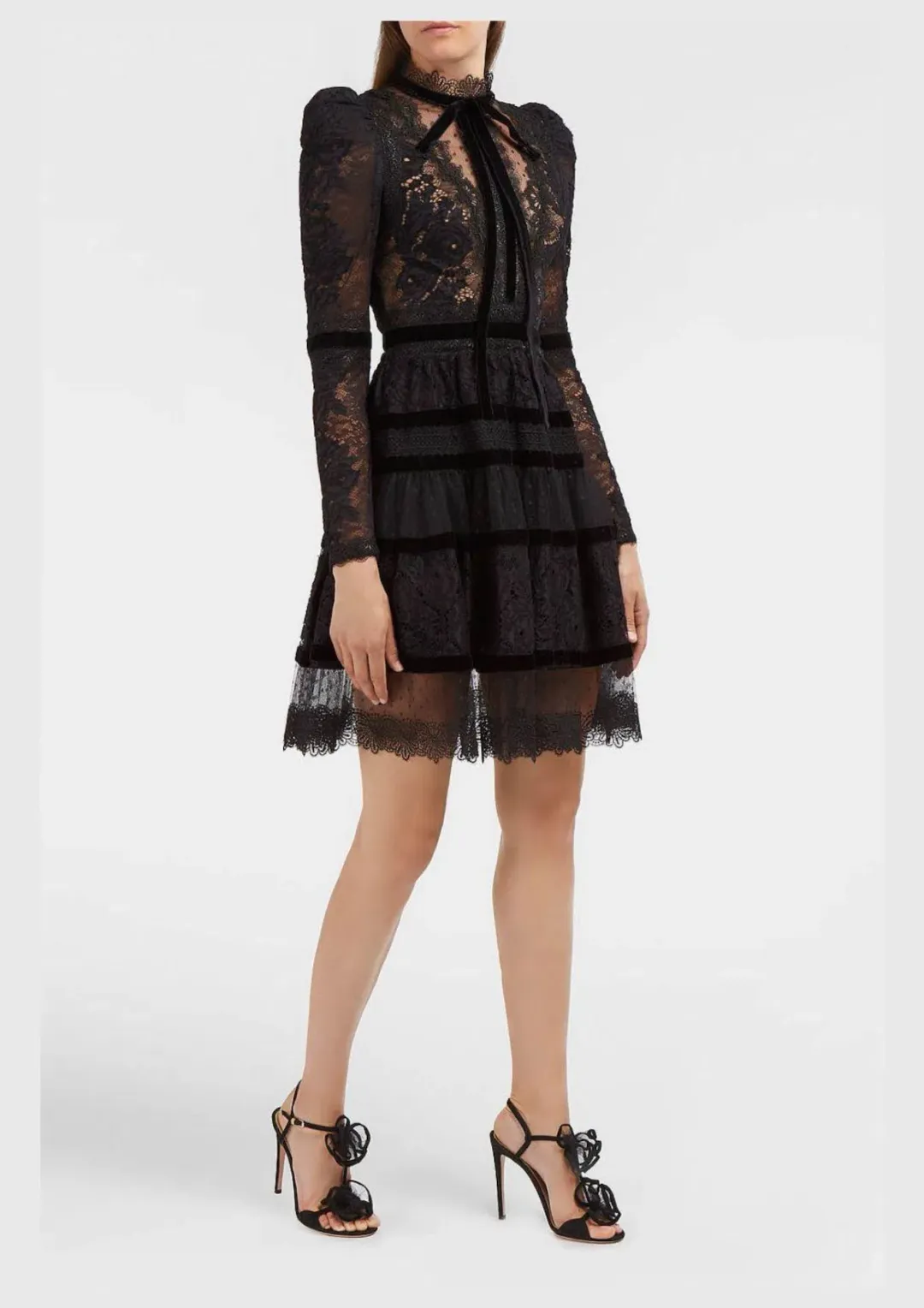 Elie Saab Velvet Trimmed Lace Mini Dress Black Size 6 for rent on The Volte - main image