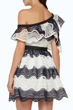 Self Portrait One Shoulder Striped Guipure Lace Mini Dress Navy/White Size 12 for rent on The Volte - image 3