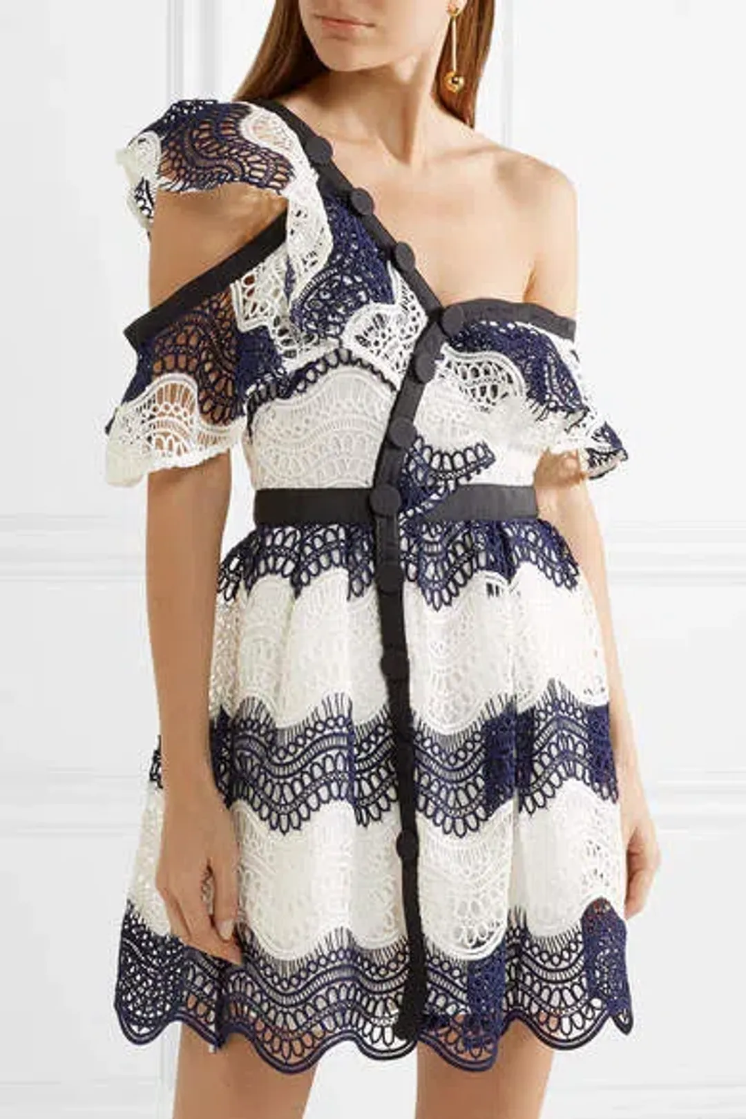 Self Portrait One Shoulder Striped Guipure Lace Mini Dress Navy/White Size 12 for rent on The Volte - main image