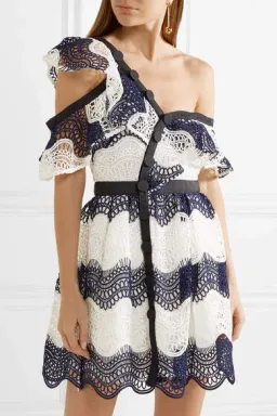 Self Portrait One Shoulder Striped Guipure Lace Mini Dress Navy/White Size 12 for rent on The Volte - image 5