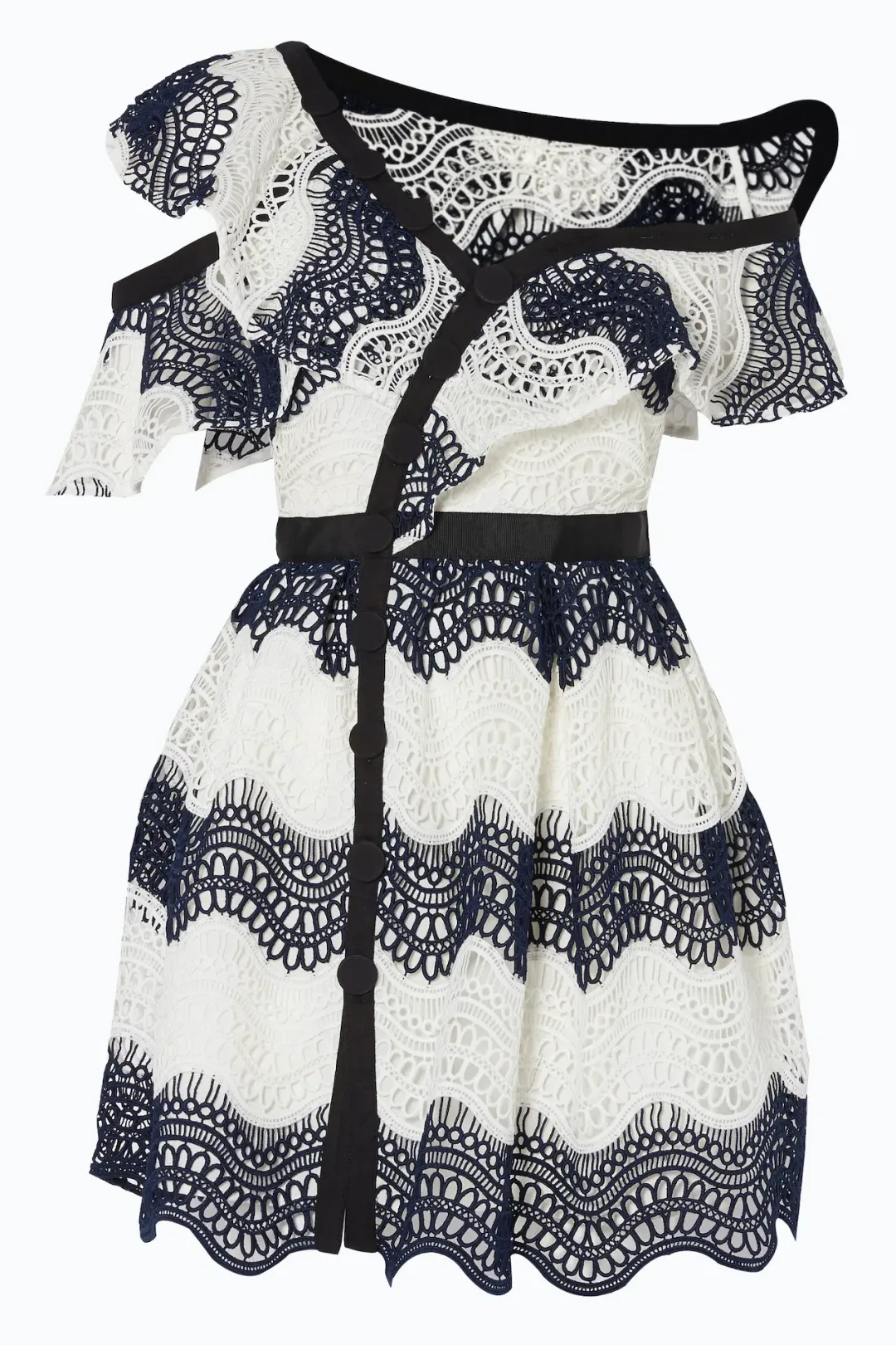 Self Portrait One Shoulder Striped Guipure Lace Mini Dress Navy/White Size 12 for rent on The Volte - main image